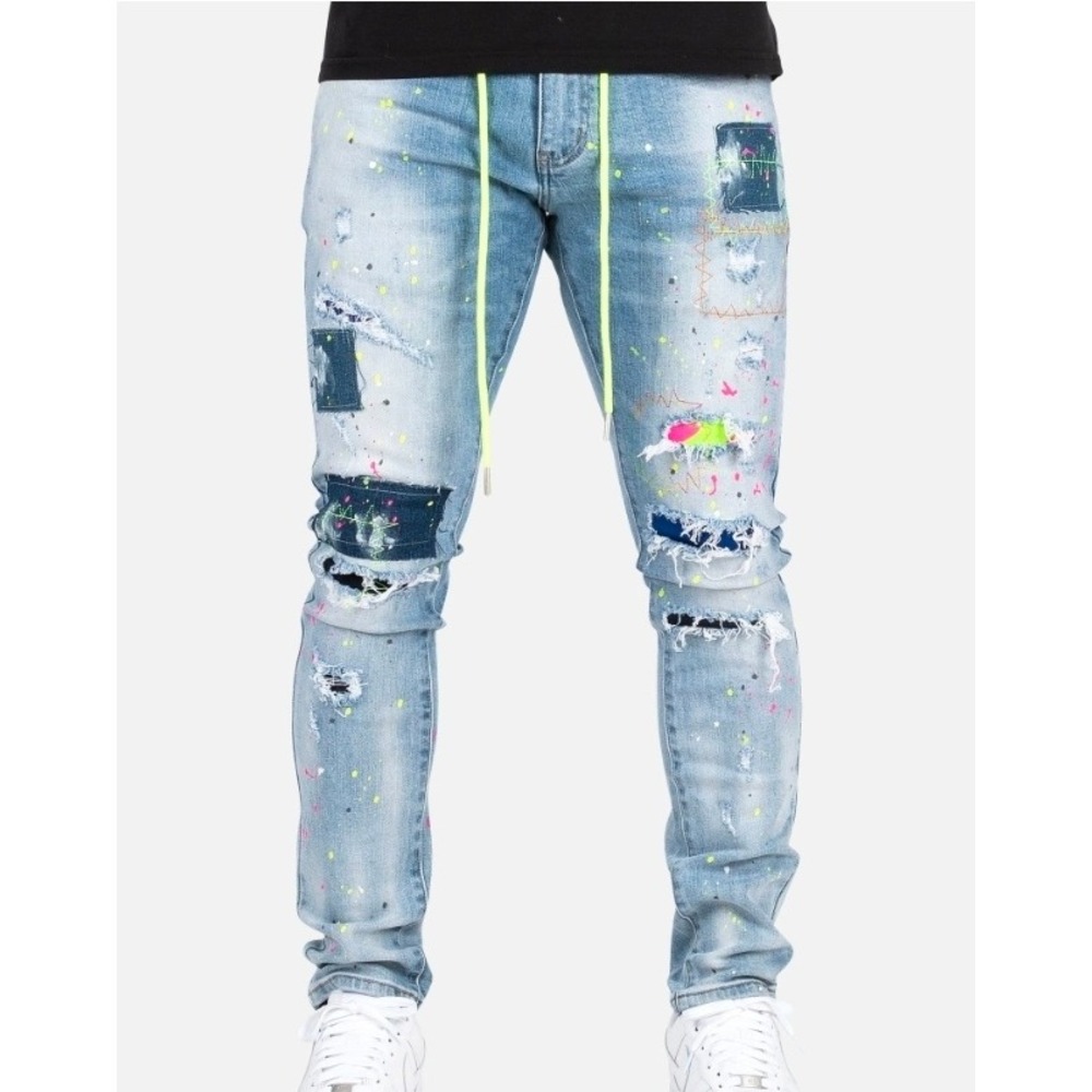 KLOUD9 9 Splatter Paint Mens Distressed Patchwork Jeans Light Wash Neon 38x32